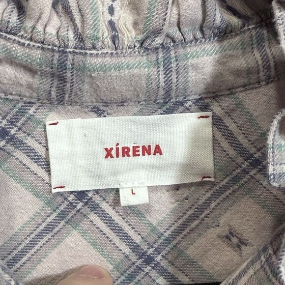 XIRENA Plaid Jensen Flannel  Top Size L Oversized Boxy Pearl Snap Ruffle Neck - Picture 3 of 13